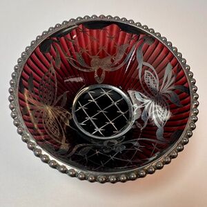 Vintage Ruby Red Etched Glass Bowl • Floral Cut Pattern • Beaded Rim